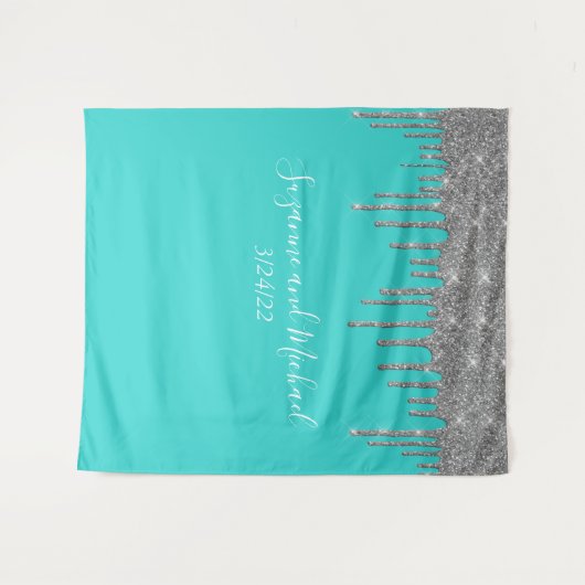 Robins Ei Blauw Zilver Glitter Druppels Bruiloft Wandkleed (Voorkant (horizontaal))