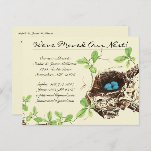 Robins Ei Blauwe Eieren in Nest We Hebben Verplaat Aankondigingskaart (Voorkant / Achterkant)