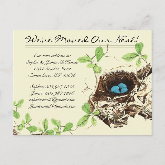 Robins Ei Blauwe Eieren in Nest We Hebben Verplaat Aankondigingskaart (Voorkant)