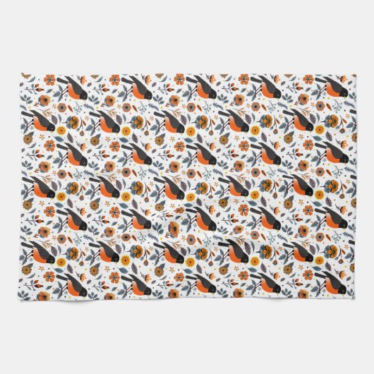 Robins en bloemen theedoek (Horizontaal)