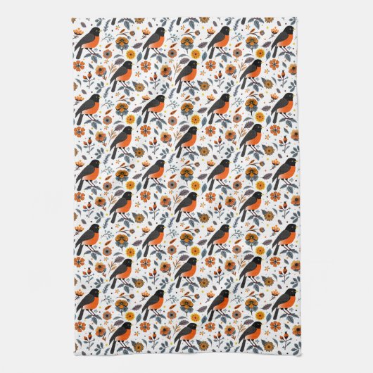 Robins en bloemen theedoek (Verticaal)