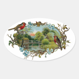  Robins en Forget-Me-Nots Ovale Sticker