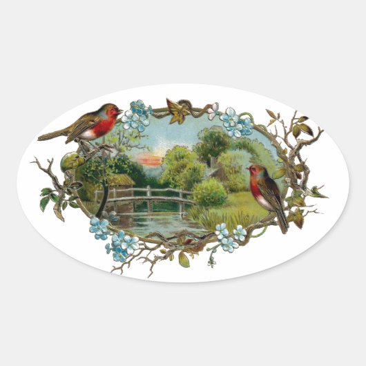  Robins en Forget-Me-Nots Ovale Sticker (Voorkant)