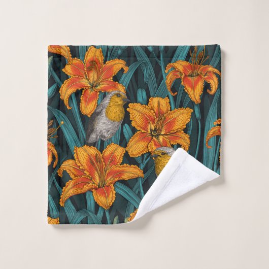 Robins en leliebloemen, sinaasappel en blauw bad handdoek (Wasdoekje)