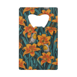 Robins en leliebloemen, sinaasappel en blauw creditkaart flessenopener