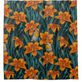 Robins en leliebloemen, sinaasappel en blauw douchegordijn (Voorkant)