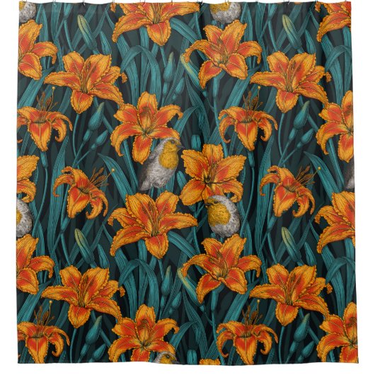 Robins en leliebloemen, sinaasappel en blauw douchegordijn (Voorkant)