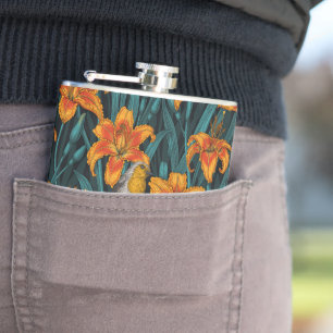 Robins en leliebloemen, sinaasappel en blauw heupfles