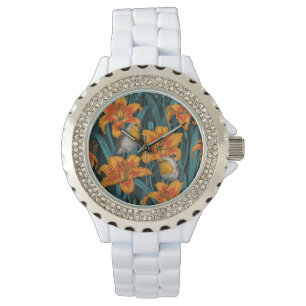 Robins en leliebloemen, sinaasappel en blauw horloge