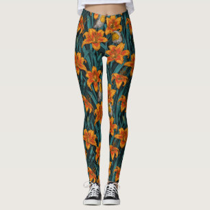 Robins en leliebloemen, sinaasappel en blauw leggings