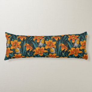 Robins en leliebloemen, sinaasappel en blauw lichaamskussen
