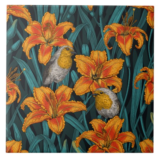Robins en leliebloemen, sinaasappel en blauw tegeltje (Voorkant)