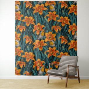 Robins en leliebloemen, sinaasappel en blauw wandkleed