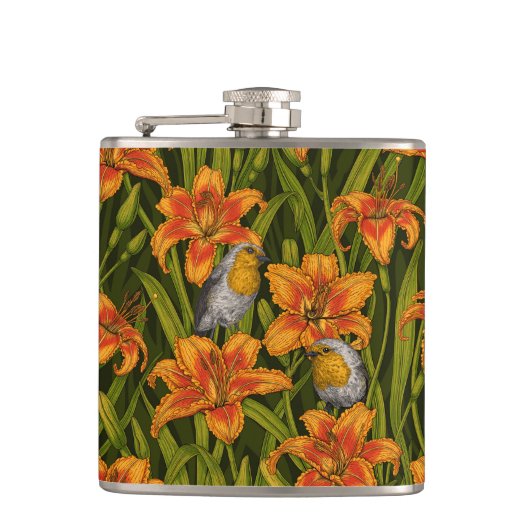 Robins en leliebloemen, sinaasappel en donkergroen heupfles (Voorkant)