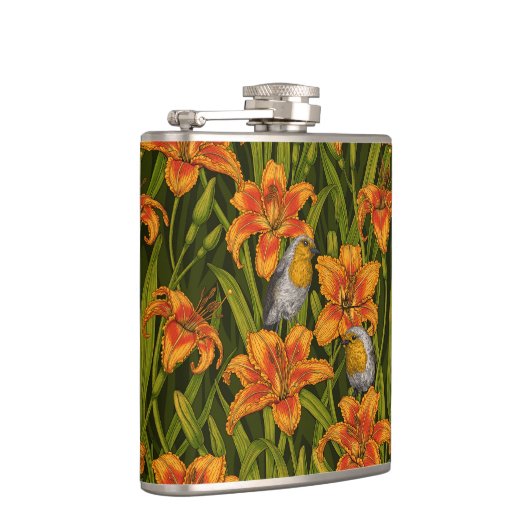 Robins en leliebloemen, sinaasappel en donkergroen heupfles (Rechts)