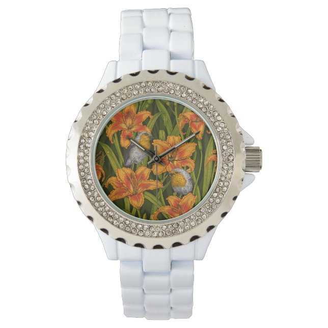 Robins en leliebloemen, sinaasappel en donkergroen horloge (Voorkant)