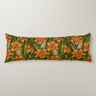 Robins en leliebloemen, sinaasappel en donkergroen lichaamskussen