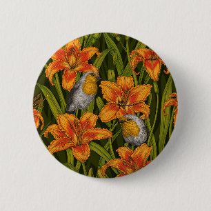 Robins en leliebloemen, sinaasappel en donkergroen ronde button 5,7 cm