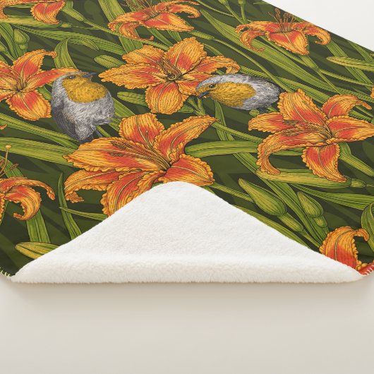 Robins en leliebloemen, sinaasappel en donkergroen sherpa deken (3/4)