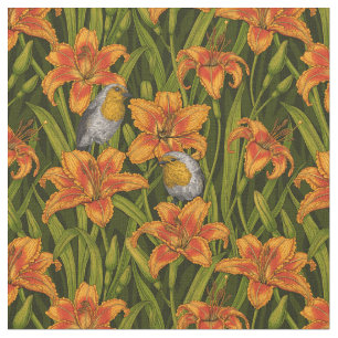 Robins en leliebloemen, sinaasappel en donkergroen stof
