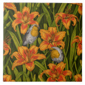 Robins en leliebloemen, sinaasappel en donkergroen tegeltje (Voorkant)