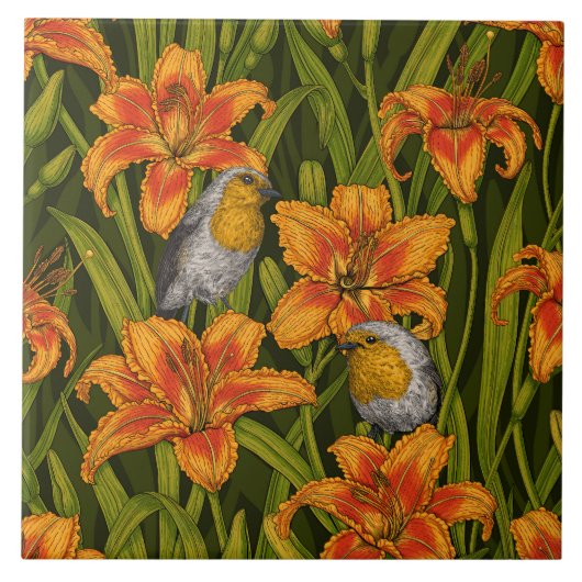 Robins en leliebloemen, sinaasappel en donkergroen tegeltje (Voorkant)