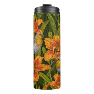 Robins en leliebloemen, sinaasappel en donkergroen thermosbeker