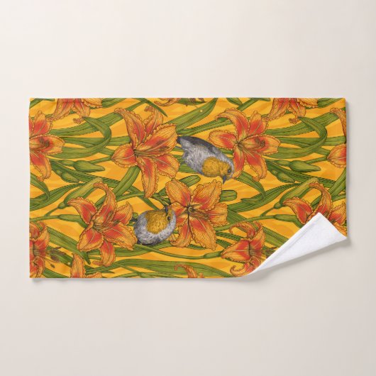 Robins en leliebloemen, sinaasappel en groen bad handdoek (Handdoek)