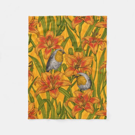 Robins en leliebloemen, sinaasappel en groen fleece deken (Voorkant)