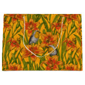 Robins en leliebloemen, sinaasappel en groen groot cadeauzakje (Voorkant)