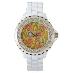 Robins en leliebloemen, sinaasappel en groen horloge