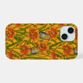 Robins en leliebloemen, sinaasappel en groen iPhone 15 case (Achterkant horizontaal)