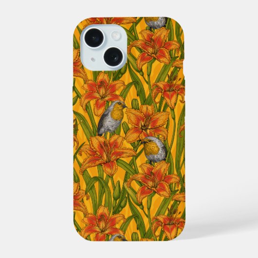 Robins en leliebloemen, sinaasappel en groen iPhone 15 case (Achterkant)