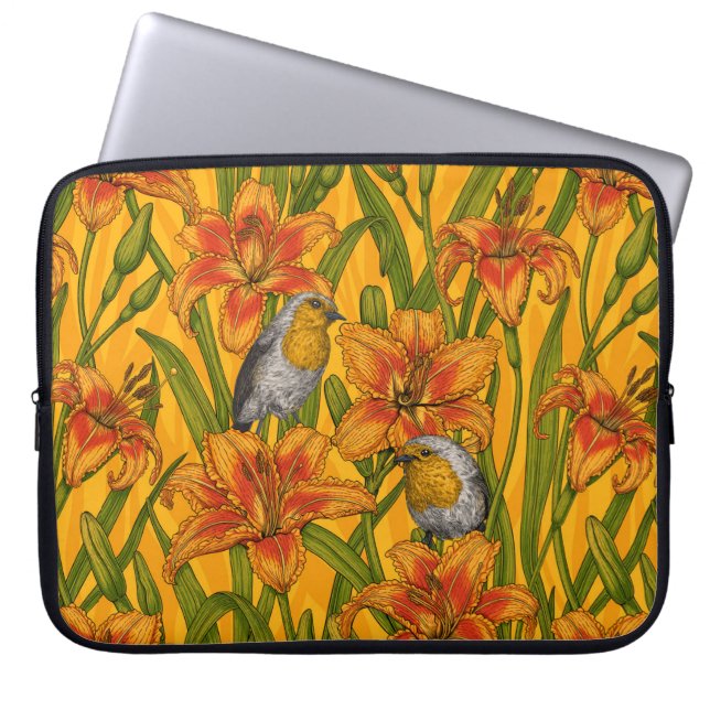 Robins en leliebloemen, sinaasappel en groen laptop sleeve (Voorkant)