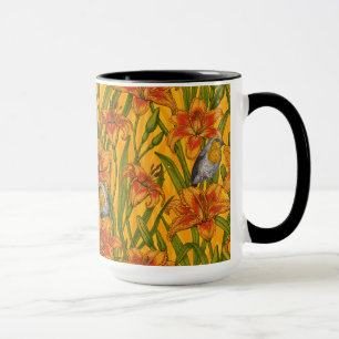 Robins en leliebloemen, sinaasappel en groen mok