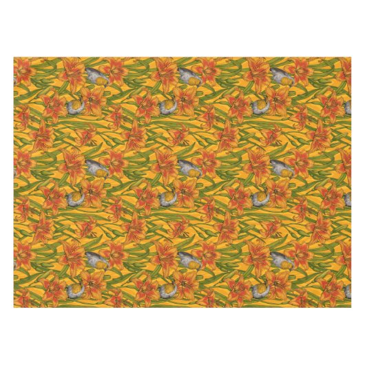 Robins en leliebloemen, sinaasappel en groen tafelkleed (Voorkant (Horizontaal))