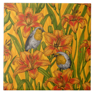 Robins en leliebloemen, sinaasappel en groen tegeltje