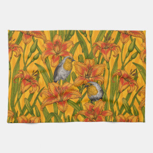 Robins en leliebloemen, sinaasappel en groen theedoek