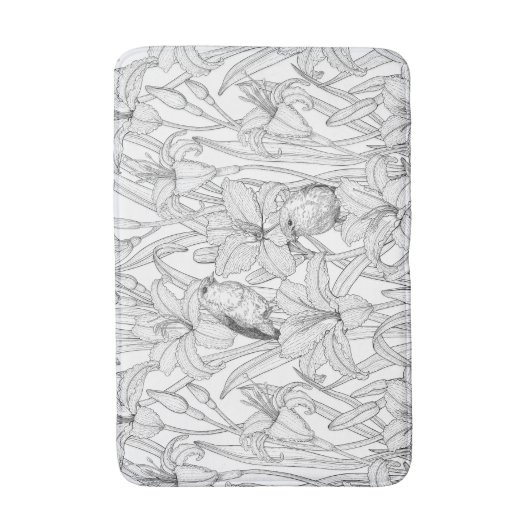 Robins en leliebloemen, zwart en wit badmat (Voorkant Verticaal)