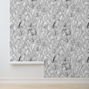 Robins en leliebloemen, zwart en wit behang