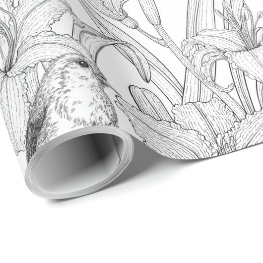 Robins en leliebloemen, zwart en wit cadeaupapier (Rol Hoek)
