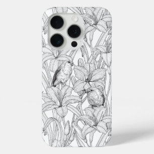 Robins en leliebloemen, zwart en wit iPhone 15 pro case
