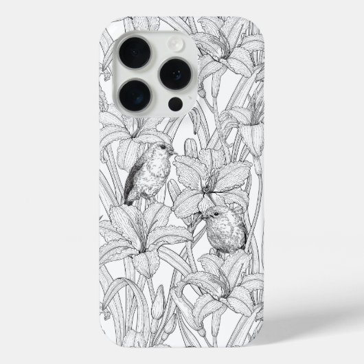 Robins en leliebloemen, zwart en wit Case-Mate iPhone case (Achterkant)