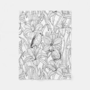 Robins en leliebloemen, zwart en wit fleece deken