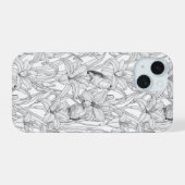Robins en leliebloemen, zwart en wit iPhone 15 case (Achterkant horizontaal)