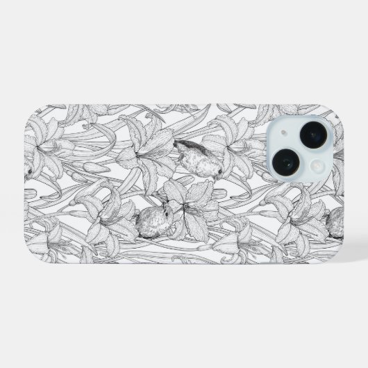 Robins en leliebloemen, zwart en wit iPhone 15 case (Achterkant horizontaal)