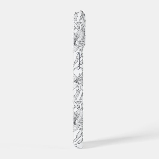 Robins en leliebloemen, zwart en wit iPhone 15 case (Rechterkant)