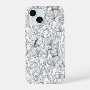 Robins en leliebloemen, zwart en wit iPhone 15 case