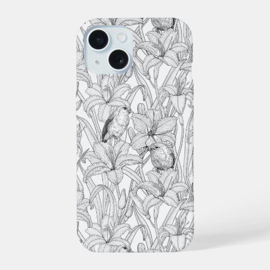 Robins en leliebloemen, zwart en wit iPhone 15 case (Achterkant)