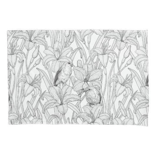 Robins en leliebloemen, zwart en wit kussensloop (Voorkant-Links)